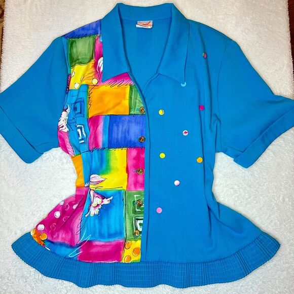 Vintage Patchwork Button-Up blouse \ Retro 80's Blouse \ Blue Button-Up - Picture 9 of 11